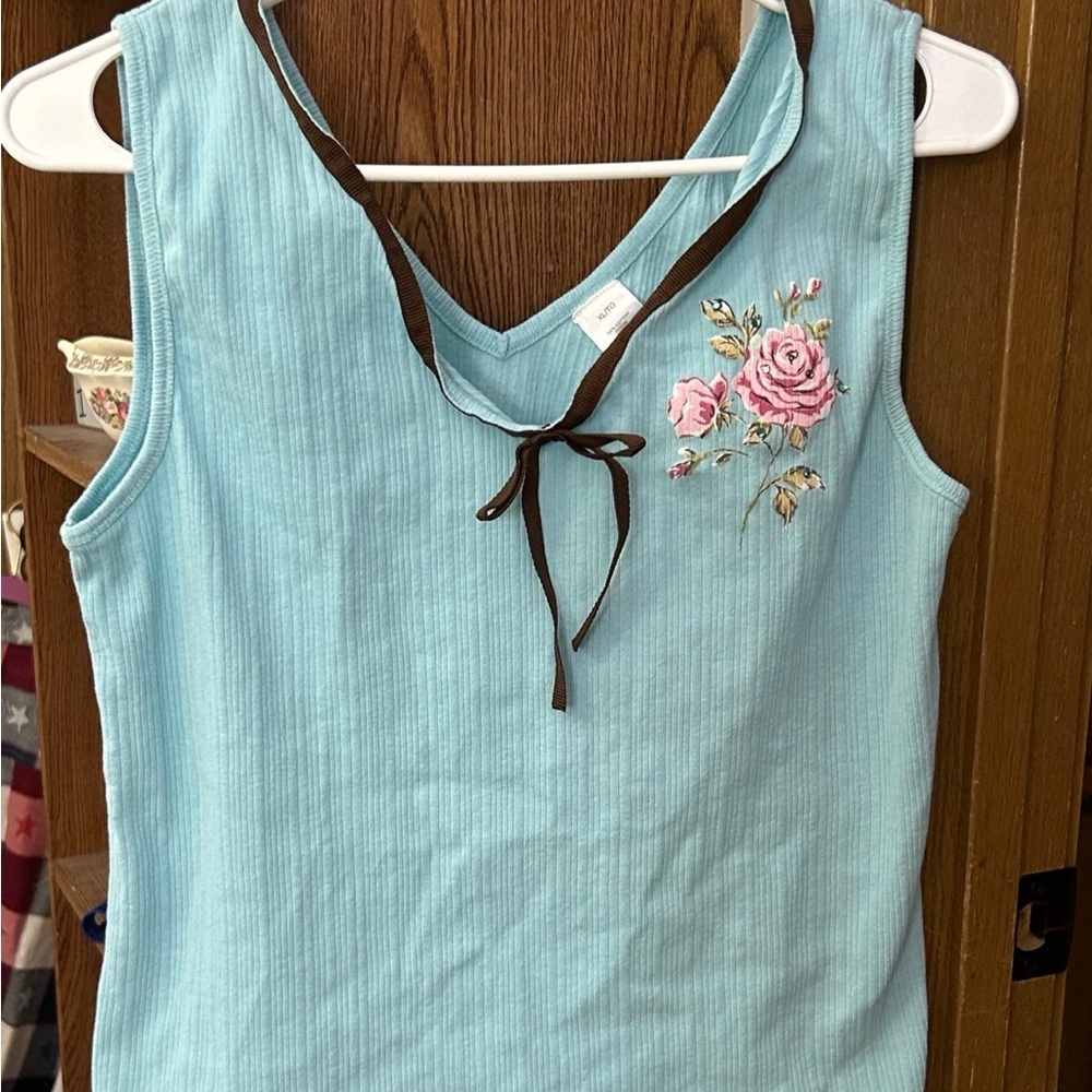 Women’s Tank Top. Beautiful teal blue with rose. Never worn.